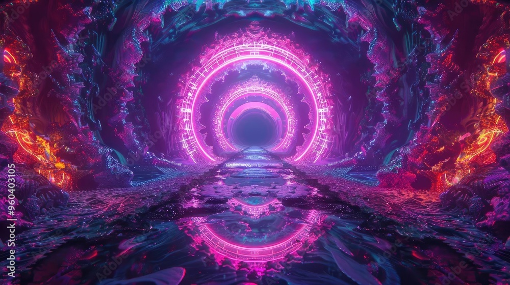 Poster a vibrant digital tunnel with neon colors and reflections, creating a mesmerizing and futuristic atm