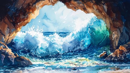 A powerful wave crashes against the shore, viewed from a cave opening. The water is a vibrant blue and green, with white foam.