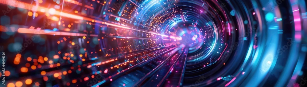 Poster vibrant digital tunnel with glowing lights, perfect for technology and abstract themes.