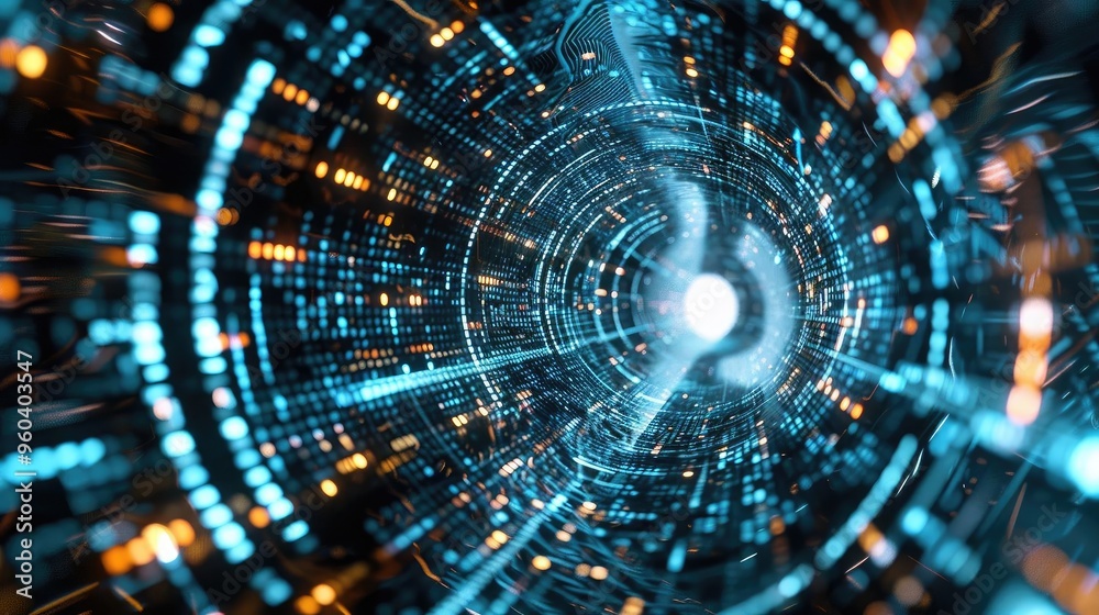 Poster Futuristic tunnel of light and data, showcasing vibrant colors and dynamic patterns that represent technology and innovation.