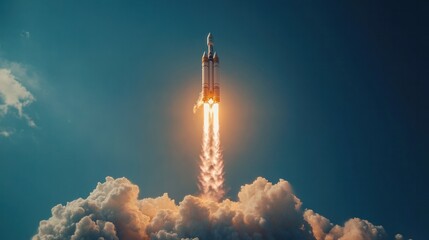 Rocket launch captured from a distance, rocket soaring towards the sky, leaving a trail of smoke, bright blue sky and dramatic visuals
