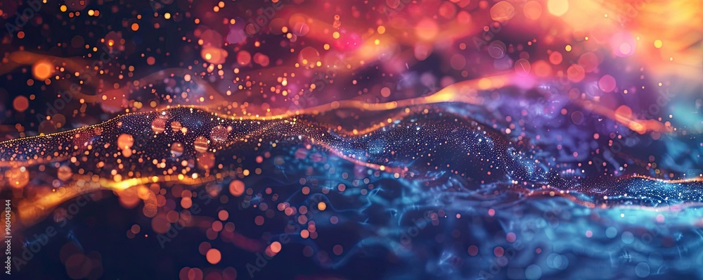 Poster a stunning abstract background featuring vibrant colors and glowing particles, perfect for creative 