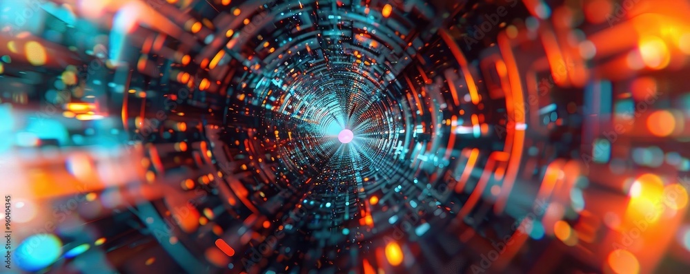 Poster A vibrant tunnel of light showcasing futuristic technology and abstract patterns, creating a mesmerizing optical illusion.