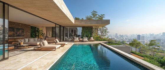 Fototapeta premium Luxurious Rooftop Oasis: Infinity Pool, Modern Furnishings, Panoramic City View