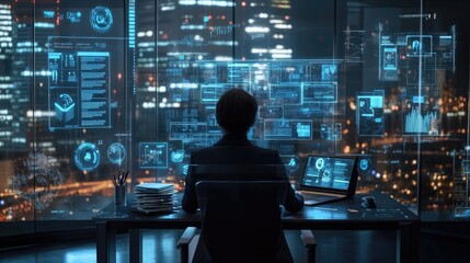 A businessman in a high-rise office analyzes digital data on transparent screens, overlooking a futuristic city skyline illuminated at night.