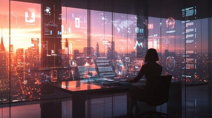 A businessman in a high-rise office analyzes digital data on transparent screens, overlooking a futuristic city skyline illuminated at night.