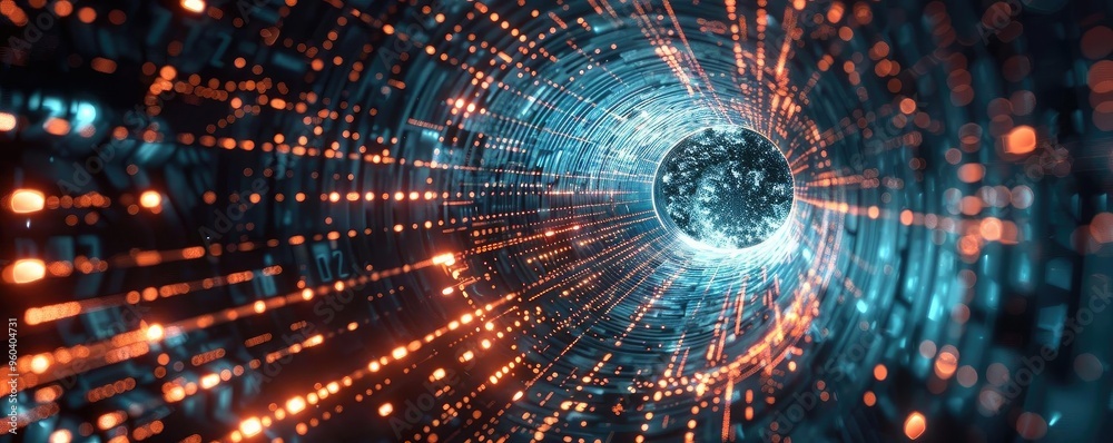 Poster a futuristic tunnel filled with vibrant lights, showcasing advanced technology and digital pathways.