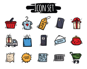 A set of bright hand-drawn icons related to Black Friday, stores, sales, promotions and discounts. Vector signs, symbols and elements for design