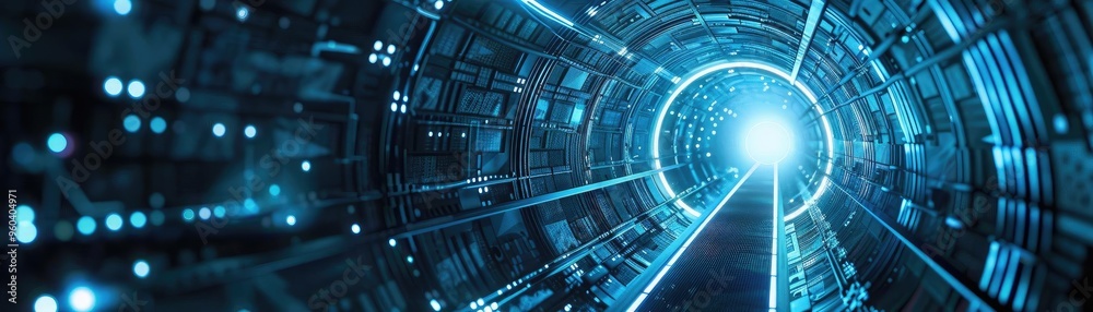 Poster futuristic digital tunnel with glowing blue light, representing advanced technology and endless poss