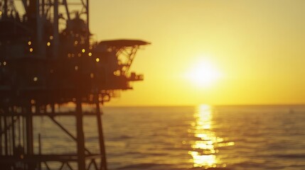 Obraz premium A sunset over the ocean with an offshore structure silhouetted against the vibrant sky.