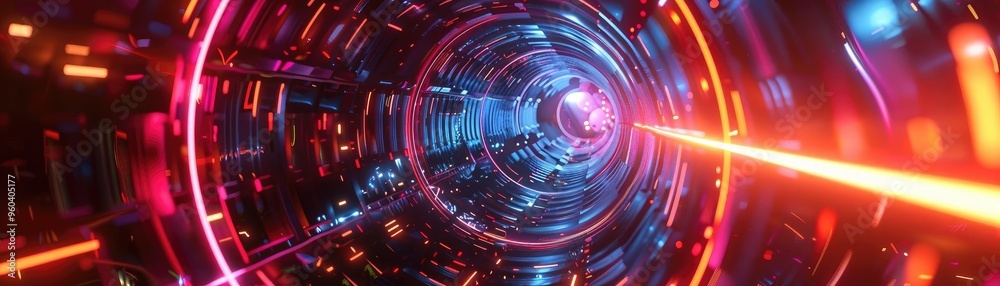 Poster vibrant abstract tunnel with neon lights and dynamic motion, ideal for technology and science fictio