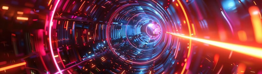 Obraz premium Vibrant abstract tunnel with neon lights and dynamic motion, ideal for technology and science fiction themes.