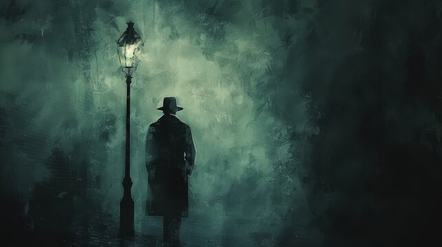 A solitary figure stands in the fog, illuminated by a single street lamp.  The atmosphere is mysterious and evocative.
