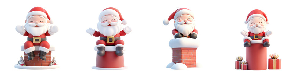 Four playful Santa Claus figurines stuck in chimneys on a transparent background. Ideal for Christmas decorations, crafts, or festive displays.
