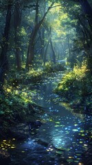 A sunbeam illuminates a tranquil forest stream, dappling the water with light and creating a magical atmosphere.