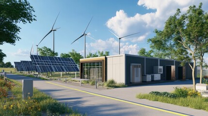 Obraz premium A modern energy facility featuring solar panels and wind turbines, showcasing renewable energy technology under a bright blue sky.