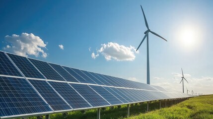 A modern energy facility featuring solar panels and wind turbines, showcasing renewable energy technology under a bright blue sky.