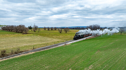 A steam locomotive chugs along the railway tracks, releasing puffs of steam as it traverses the green fields. The cloudy sky looms overhead, enhancing the serene countryside setting.