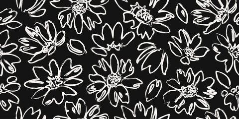 Flower seamless background. Abstract hand drawn lines floral pattern. Modern print in black and white. Ideal for textile design, fabric printing, wallpaper, decoration, cards, and posters.