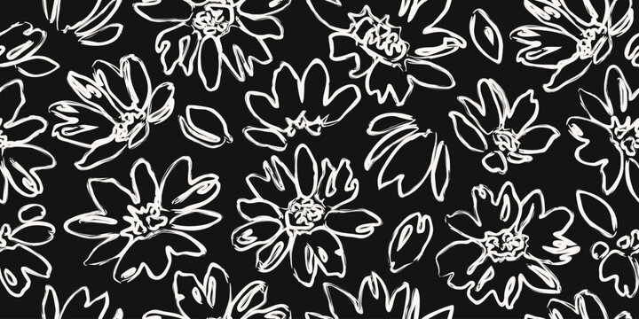 Flower seamless background. Abstract hand drawn lines floral pattern. Modern print in black and white. Ideal for textile design, fabric printing, wallpaper, decoration, cards, and posters.