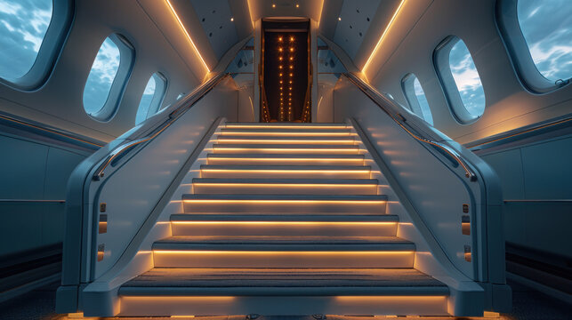 Staircase illuminated by soft lighting in a modern aircraft, showcasing elegant design and luxury travel. Generative AI