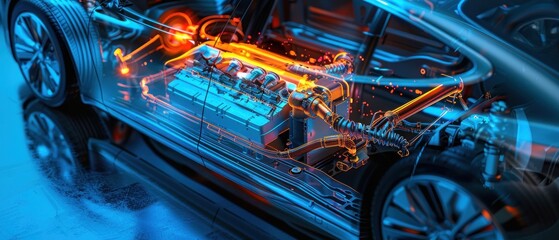 Fototapeta premium Transparent View of a Car's Engine and Chassis with Glowing Lights
