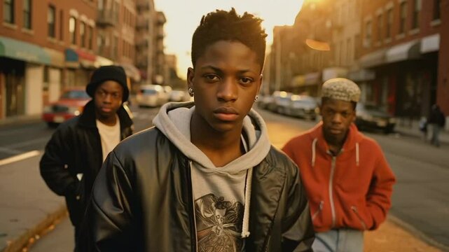 Troubled young men teenagers on a street