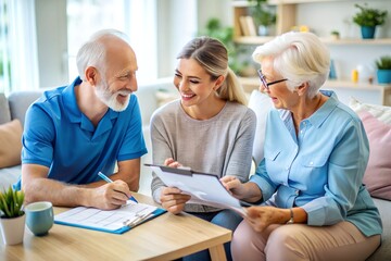 Caretaker helps senior patients sign homecare agreement, fill informed exam consent, understand test result or health insurance details. Grandparents discuss professional home care nurse service costs