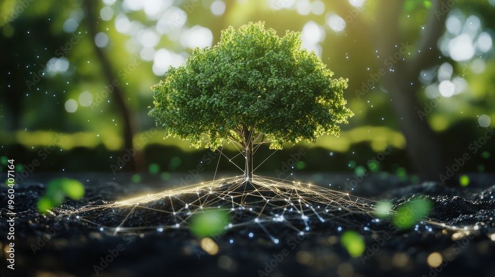 Poster climate change networking concept with tree and network lines.