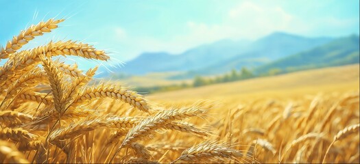 Wheat ears close-up on bright wheat field with copy space