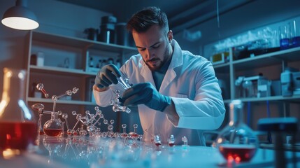 A chemist wearing gloves and a lab coat carefully examines molecular structures in a laboratory filled with scientific equipment and glassware.