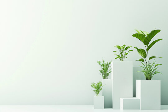 Modern minimalism meets nature with white planters and delicate greenery, perfect for eco-friendly design, wellness, and home decor themes.