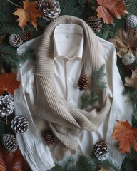 A white button-down shirt and beige scarf lie on a bed of autumn leaves and pine cones.