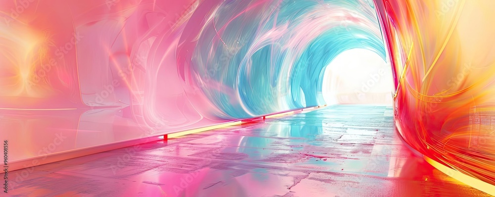 Poster an abstract colorful tunnel with glowing light effects, creating a vibrant and futuristic ambiance.