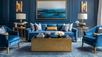 Luxurious and Elegant Living Room Design with a Blue and Gold Color Palette Featuring Plush Seating Metallic Accents and Refined Decor Elements