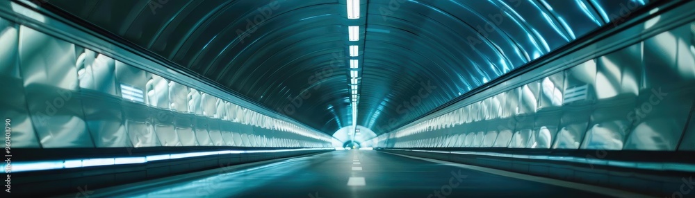 Poster A futuristic tunnel illuminated with blue light, creating an ethereal atmosphere that captivates the viewer's imagination.