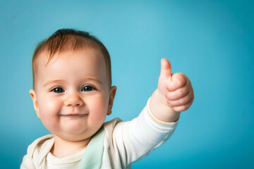 Portrait of cute toddler boy in white t-shirt showing thumb up on blue background. Children emotions