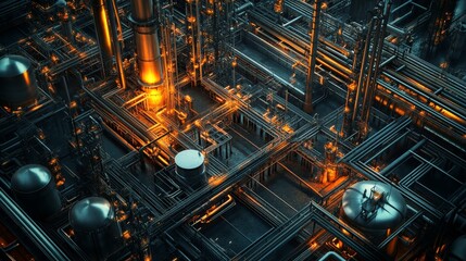 A futuristic industrial scene with glowing pipes and structures, showcasing advanced technology and manufacturing processes.