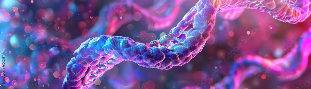 Poster A vivid representation of molecular structures, showcasing colorful strands in a dynamic and abstract design, ideal for scientific themes.