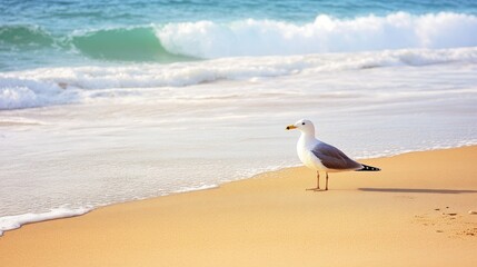 Fototapeta premium A lone seagull stands at the shoreline of a sandy beach as ocean waves gently roll in, creating a serene coastal scene.