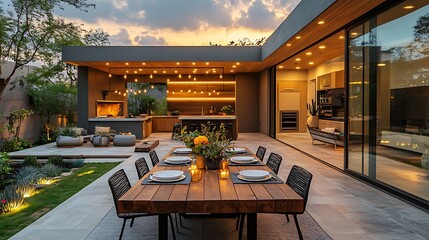 An elegant alfresco dining patio with smooth stone pavers, a large rustic wooden dining table set for an evening meal, an outdoor kitchen in the background, warm string lights hanging overhead,