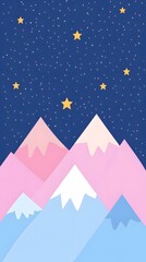 Obraz premium A simple flat illustration of a starry sky, with a pink and blue gradient background and mountains in the distance