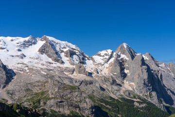Marmolada massif group, Fedaia pass, Dolomites. Rocky mountain, glacier, snow.