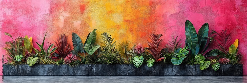 Poster a striking arrangement of various tropical plants is set against a vivid gradient wall blending warm