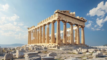 Fototapeta premium The Parthenon, a historic ancient Greek temple on the Acropolis in Athens, stands under a clear blue sky with scattered clouds.