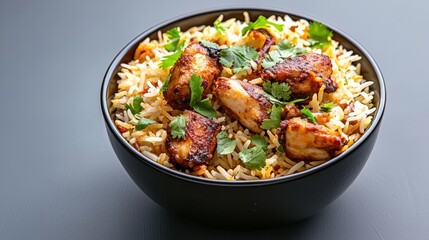 Fototapeta premium Aerial Delight of Colorful Indian Biryani - Chicken, Basmati Rice, Exotic Spices, Traditional Cuisine, Delicious Meal, Flavorful, Aromatic, Culinary, Gourmet, Vibrant, Succulent, Top View, Food