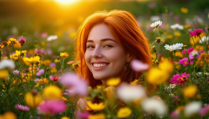Naklejka premium A close-up portrait of a young woman with bright red hair surrounded by colorful wildflowers