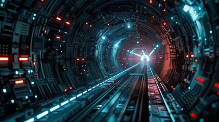 Fototapeta premium A futuristic tunnel design featuring vibrant lights, advanced technology, and a sense of depth and motion.