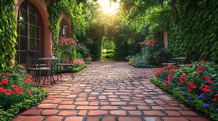 Fototapeta premium An elegant vintage garden with aged brick pavers, ornate iron chairs and tables, climbing ivy draping over the old stone walls, colorful wildflowers blooming along the edges,