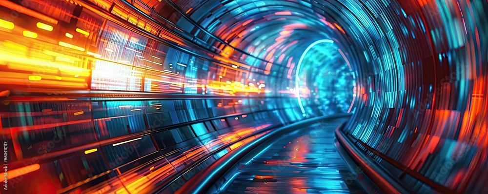 Poster Futuristic tunnel with vibrant lights and dynamic motion effects, creating an atmosphere of speed and technology.